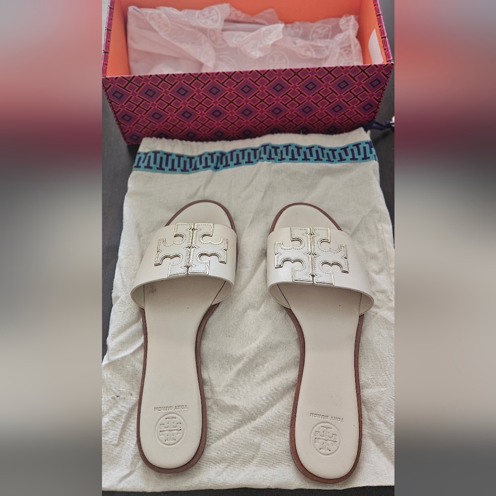 Tory Burch Cream Leather Miller Logo Slide Sandals